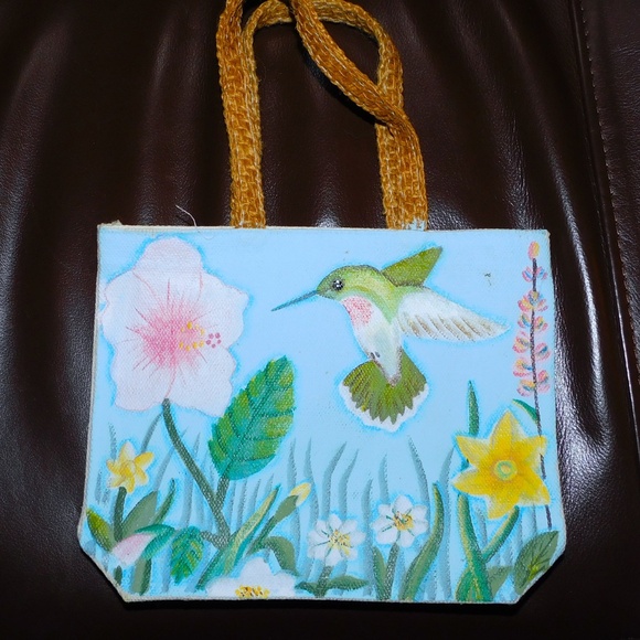 Hand Painted Small Tote Bag Hummingbird Floral Flowers 6 ¾" X 5 ½" - Picture 2 of 10